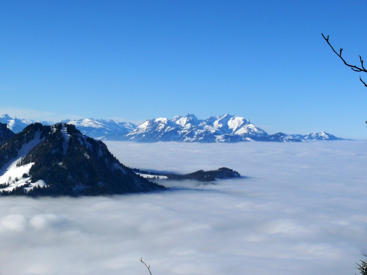 Blick übers nebelverhangene Rheintal zum Alpstein
