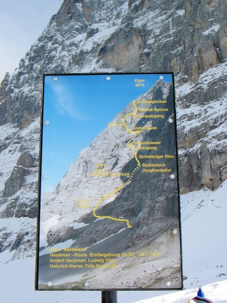 Eigerbesteigung: Tafel mit der Heckmair-Route