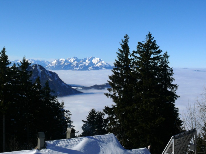 Blick übers nebelverhangene Rheintal zum Alpstein