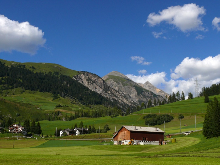 kurz vor Bergün mit dem sanften, grünen Hügel 'Cuolm da Latsch'; dahinter P. Prosonch